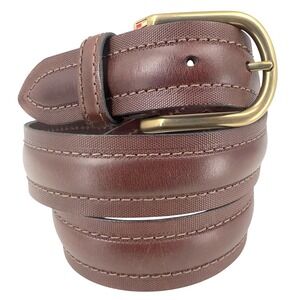 Tommy Hilfiger Mens 38 Brown Leather Belt Brass Buckle USA Made Textured